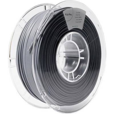 Un rouleau de filament PLA gris pour imprimante 3D, emballé de manière transparente, affichant les détails du matériau sur l'étiquette du bord.