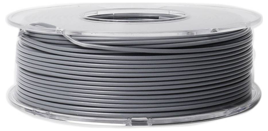 Bobine grise de filament en plastique, typiquement utilisée pour les imprimantes 3D.