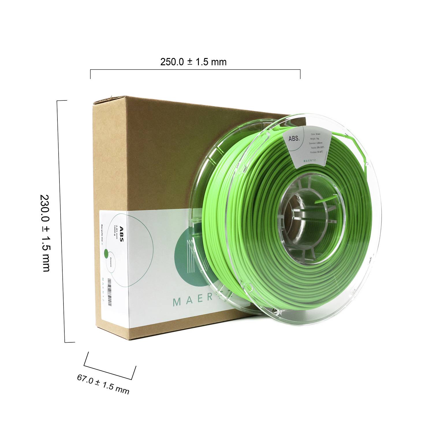 Bobine de filament d'imprimante 3D en vert, avec son emballage à côté. Dimensions : 250 x 230 x 67 mm. Matériau : ABS.