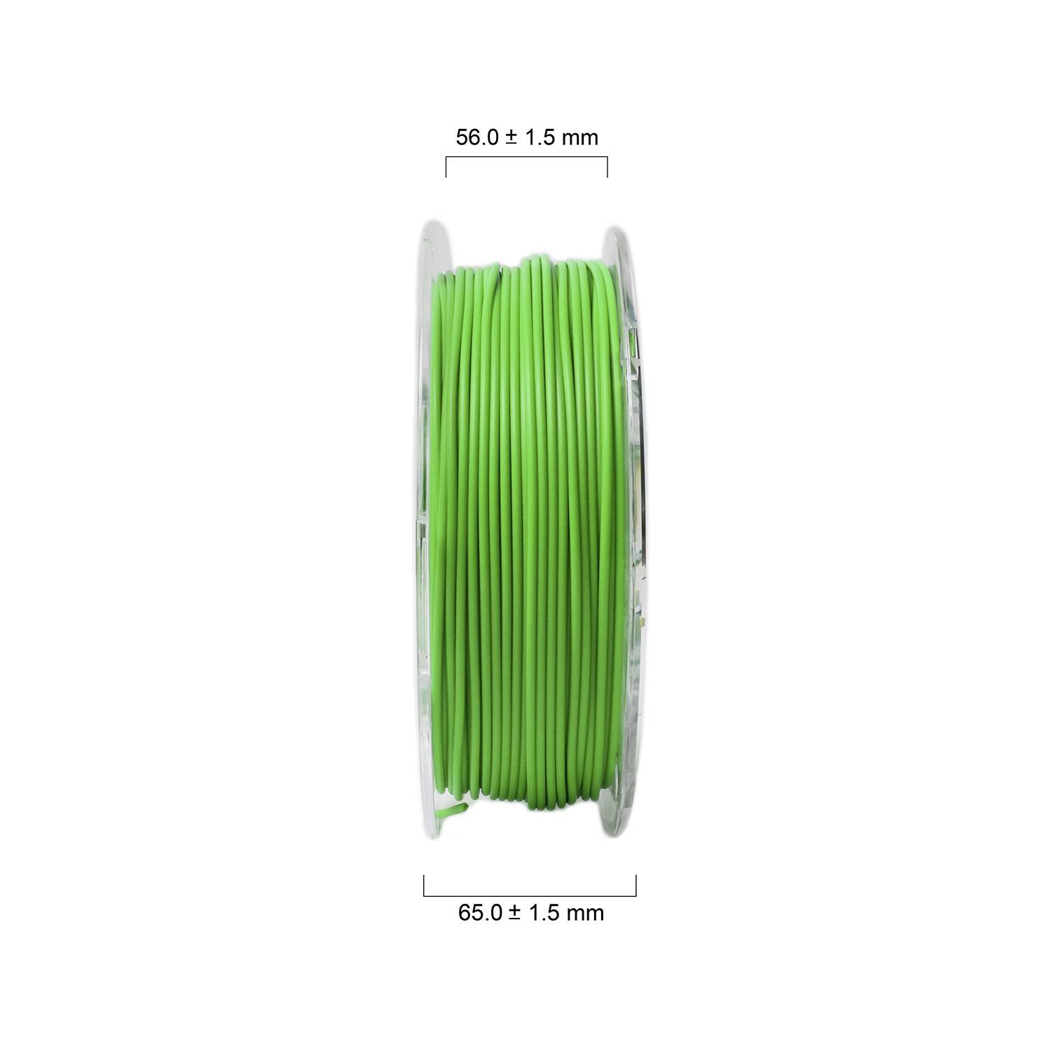 Une bobine de filament vert, large de 65 mm et de 56 mm de diamètre, adaptée pour l'impression 3D.
