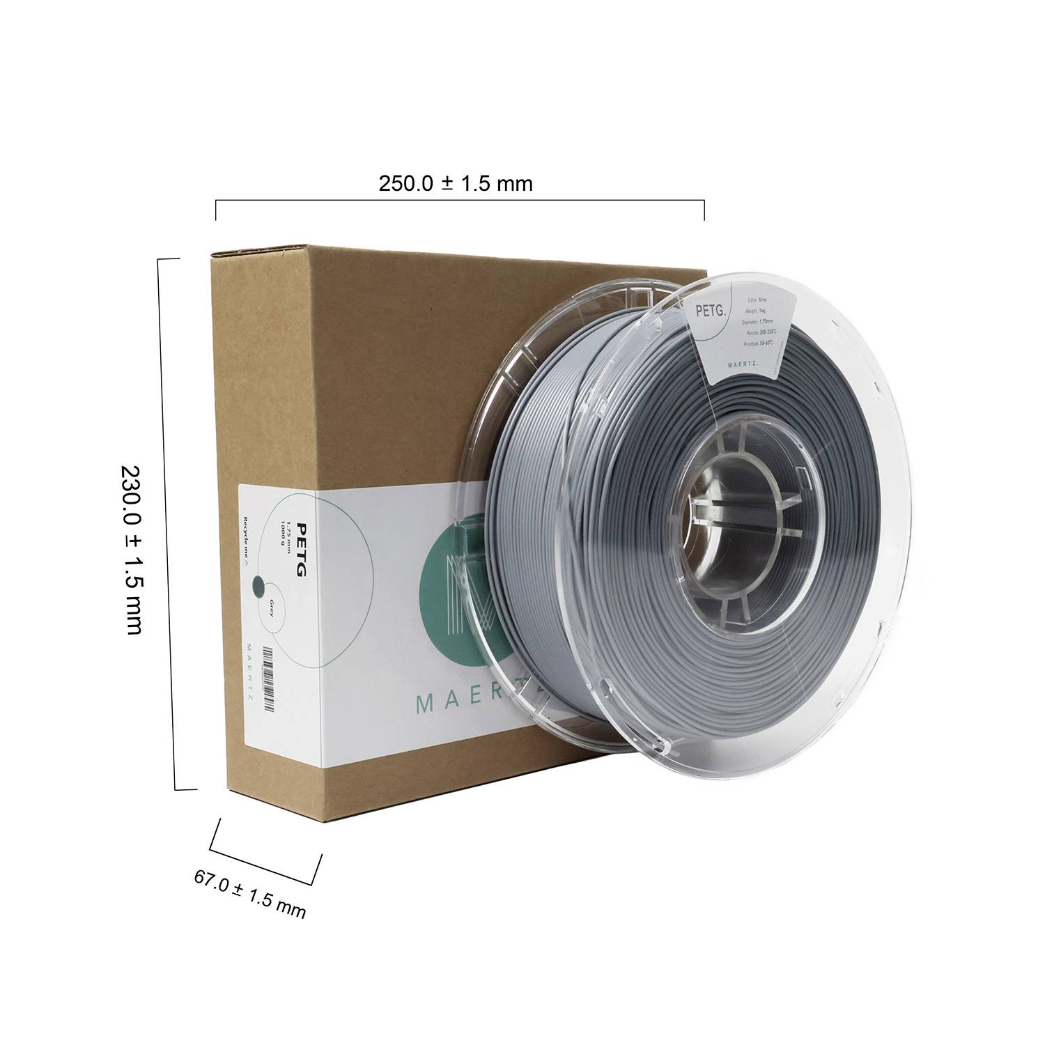 'Emballage en carton avec bobine de filament gris, étiquetée PETG, Maertz. Dimensions : 250 x 230 x 67 mm. Adapté pour l'impression 3D.'