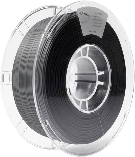 Bobine de plastique transparente avec filament noir, étiquetée 'PLA Mat'.