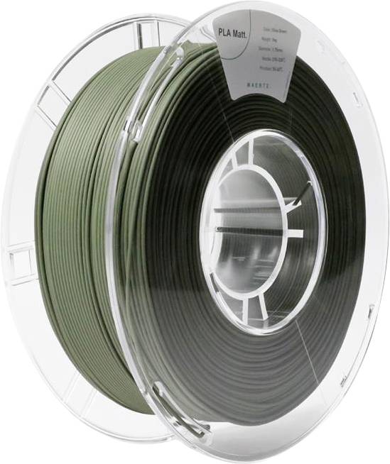 Un rouleau de filament PLA vert pour imprimante 3D. Une étiquette indiquant les spécifications telles que le type de matériau et la couleur y est apposée.