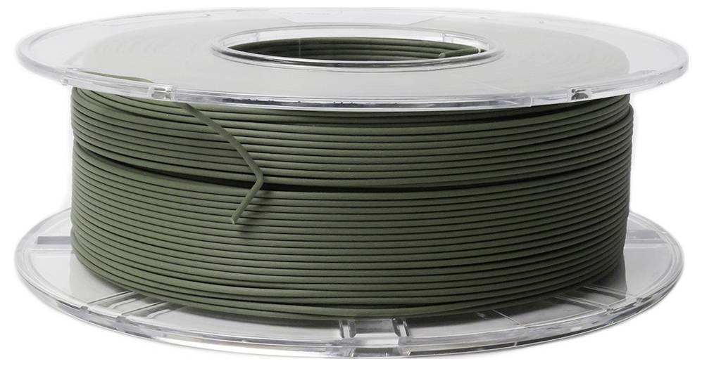 Bobine de plastique avec filament vert olive pour imprimante 3D, enroulé uniformément.