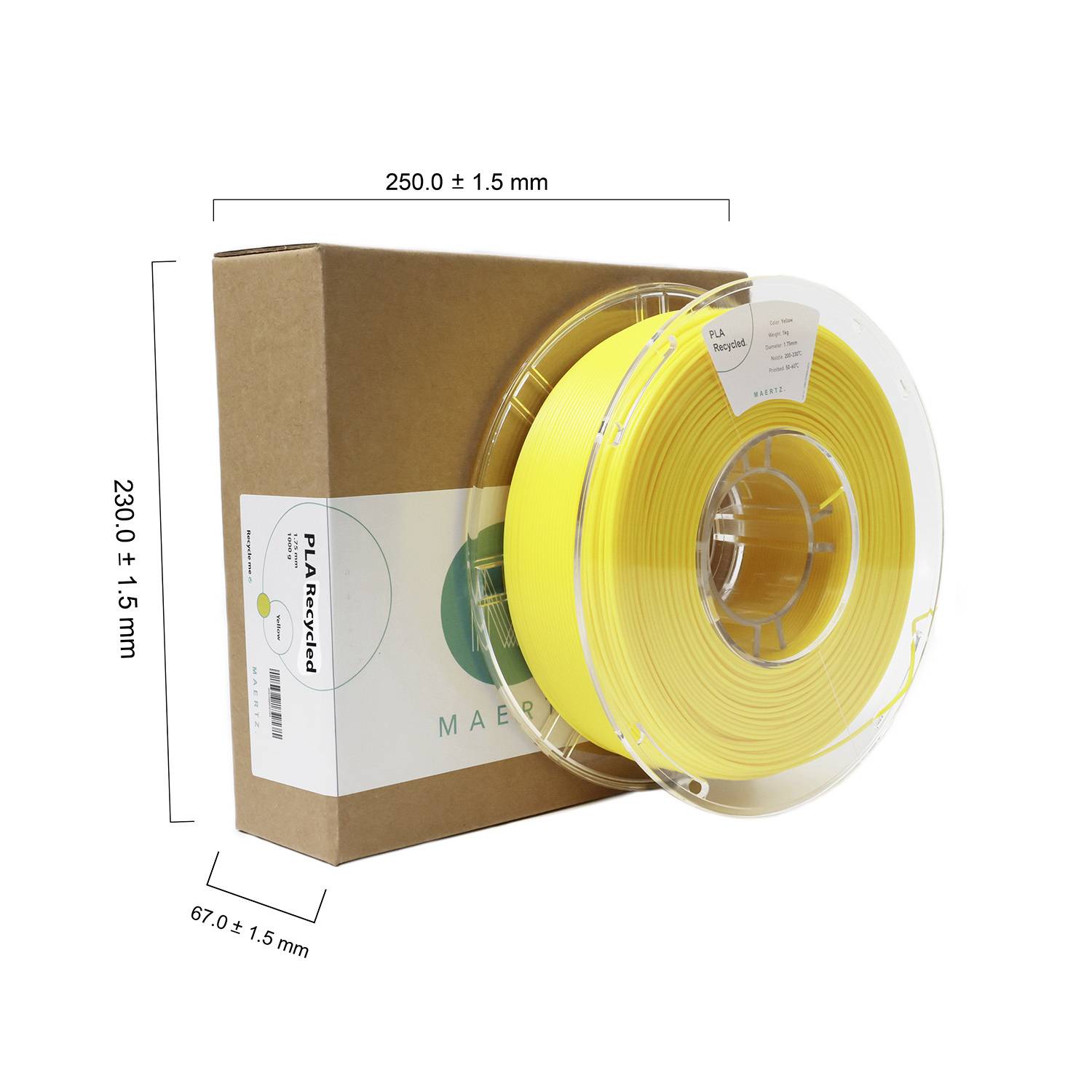 Emballage en carton avec une bobine de filament PLA jaune. Dimensions : 250,0 x 230,0 x 67,0 mm. Bobine transparente, filament jaune visible.