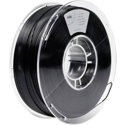 Une bobine de matériau d'impression 3D en ABS noir. Le rouleau est en plastique transparent, avec des informations sur le matériau inscrites sur l'étiquette.