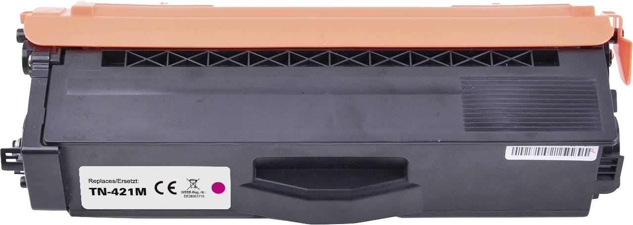 Cartouche d'encre TN-421M en noir et orange, avec étiquette indiquant le numéro de modèle de remplacement. Principalement destinée aux imprimantes laser ou jet d'encre.