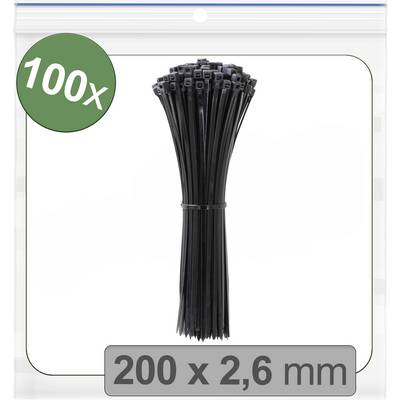 Colliers de câblage noirs, lot de 100 pièces, taille 200 x 2,6 mm, illustrés dans leur emballage.