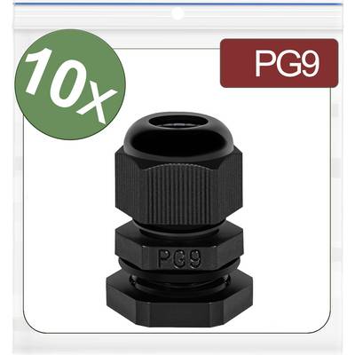 Presse-étoupe PG9, noir, lot de 10. L'emballage présente un élément de connexion noir fileté avec l'inscription 'PG9'.
