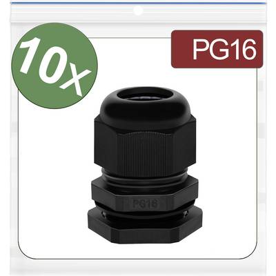 Presse-étoupe PG16 noir, lot de 10, présenté dans un sachet en plastique transparent.