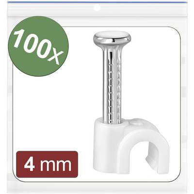Clip de câble en plastique avec clou, emballé dans un sachet plastique transparent. Impression : '100x' dans un cercle vert, '4 mm' dans un rectangle rouge.