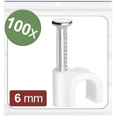 Colliers de serrage en plastique avec clou, diamètre de 6 mm, conditionnement : 100 pièces. Idéaux pour la fixation de câbles sur les murs ou les sols.