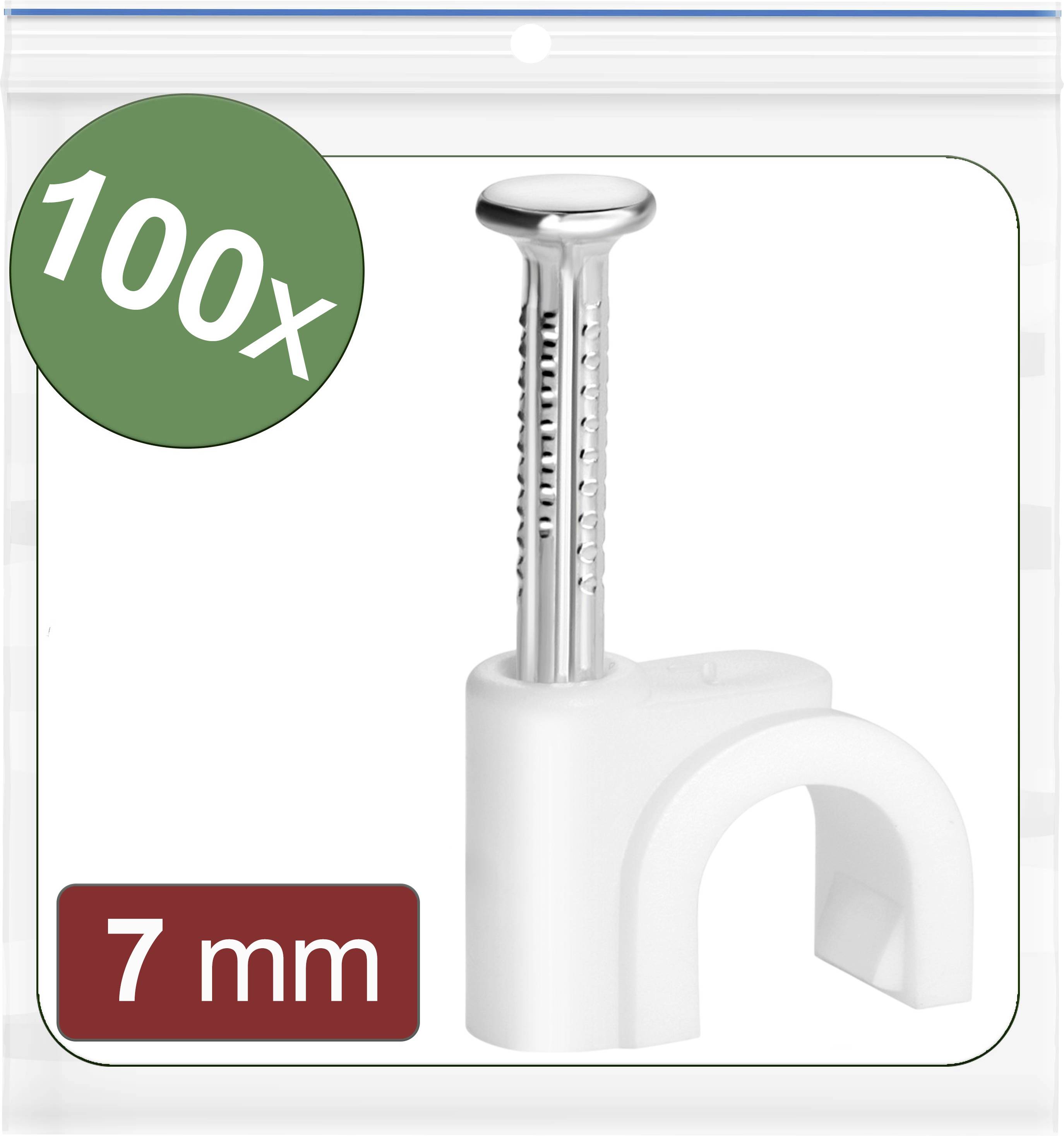 100 clips de câble de 7 mm avec clou, dans un sachet transparent. Adaptés pour la fixation de câbles et de fils.