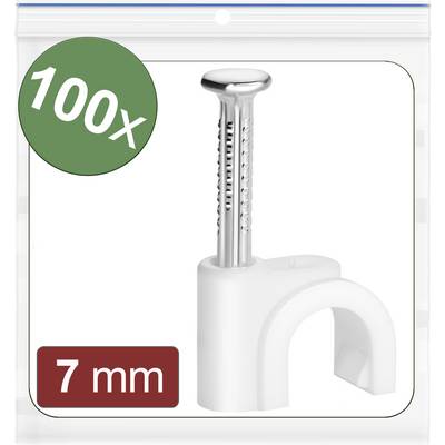 100 clips de câble de 7 mm avec clou, dans un sachet transparent. Adaptés pour la fixation de câbles et de fils.