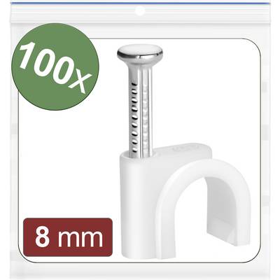 Un lot de 100 attache-câbles blancs, de 8 mm de diamètre, adaptés pour la fixation de câbles aux murs.