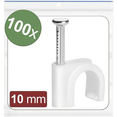 Colliers de câble en plastique avec clou métallique, 10 mm, en paquet de 100 pour une fixation sûre des câbles sur les murs ou les sols.