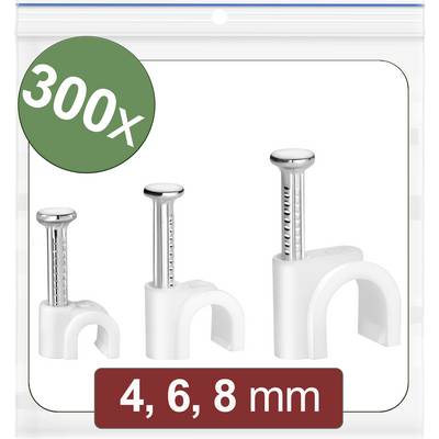 300x Colliers de câble dans les tailles 4, 6, 8 mm présente des clips de câble blancs avec des clous métalliques dans un emballage.