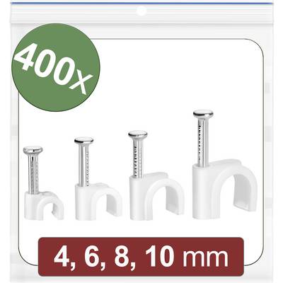 Sachet de 400 colliers de câbles de différentes tailles : 4, 6, 8, 10 mm. Comprend des clous métalliques pour la fixation des câbles.