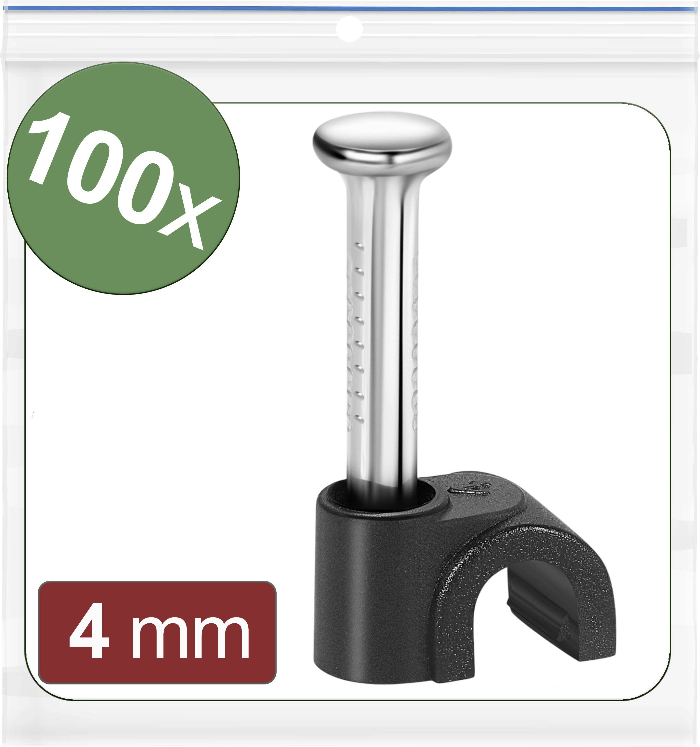 100 serre-câbles dans un paquet ; diamètre de tige 4 mm. Tige argentée et clip noir sur fond blanc.