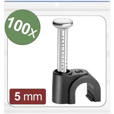 100 clips de câble noirs avec clou, diamètre de 5 mm, pour la fixation de câbles aux murs.