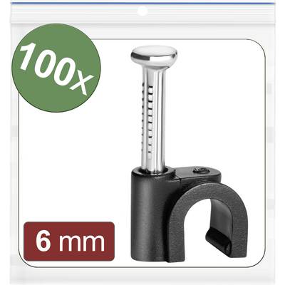 Attache de fixation en plastique avec clou, lot de 100 pièces, pour câbles de 6 mm de diamètre. Conditionnées dans un sachet plastique transparent.