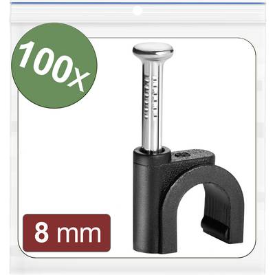 Colliers de câble en lot de 100 pièces, adaptés pour un diamètre de 8 mm, présentés avec un clou dans un sachet transparent avec étiquette verte '100x'.