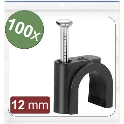Un sachet de 100 colliers de câble noirs, 12 mm, pour la fixation de câbles, avec des clous pré-montés.