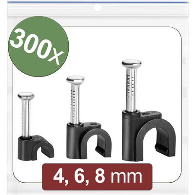 300 supports de câble avec clou, en tailles 4, 6, 8 mm. Idéal pour la fixation sécurisée des câbles sur les murs. Contient trois tailles différentes.