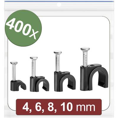 400 clips de différentes tailles (4, 6, 8, 10 mm) pour la fixation de câbles. Illustrés sur un emballage.