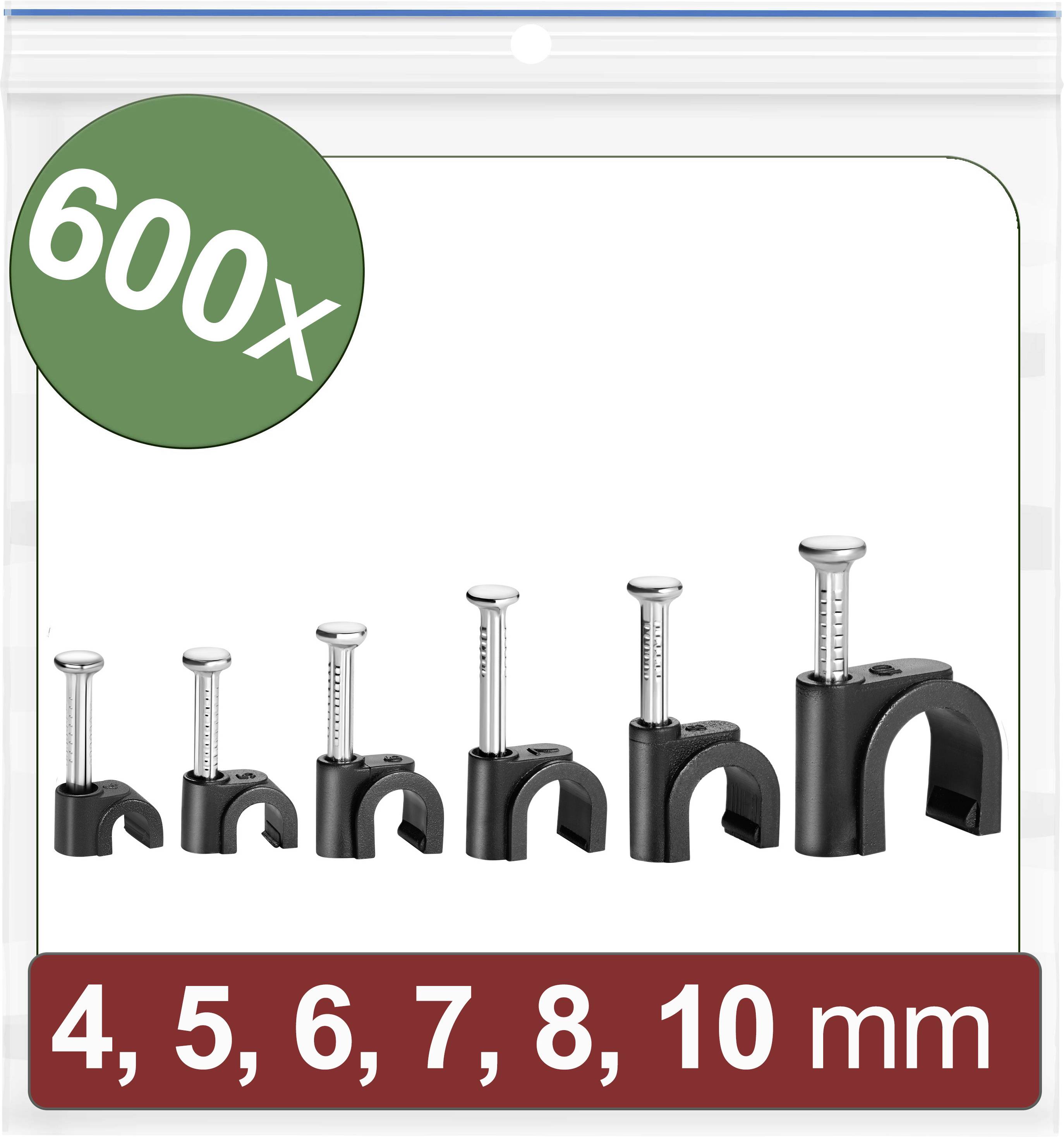 Six colliers de câble noirs ronds, de tailles 4 à 10 mm, avec des clous argentés, dans un emballage transparent portant un marquage vert '600x'.
