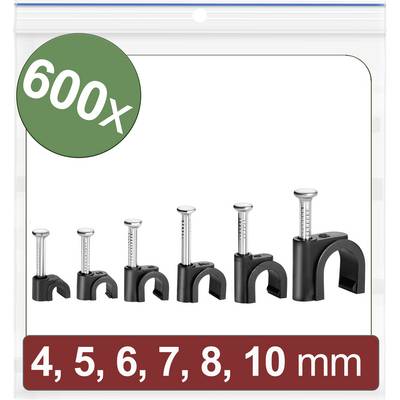 Six colliers de câble noirs ronds, de tailles 4 à 10 mm, avec des clous argentés, dans un emballage transparent portant un marquage vert '600x'.