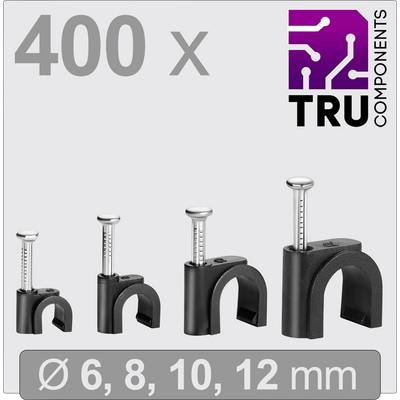 Lot de 400 colliers de câbles noirs dans les tailles 6, 8, 10 et 12 mm. Logo de marque 'TRU COMPONENTS' dans le coin droit.