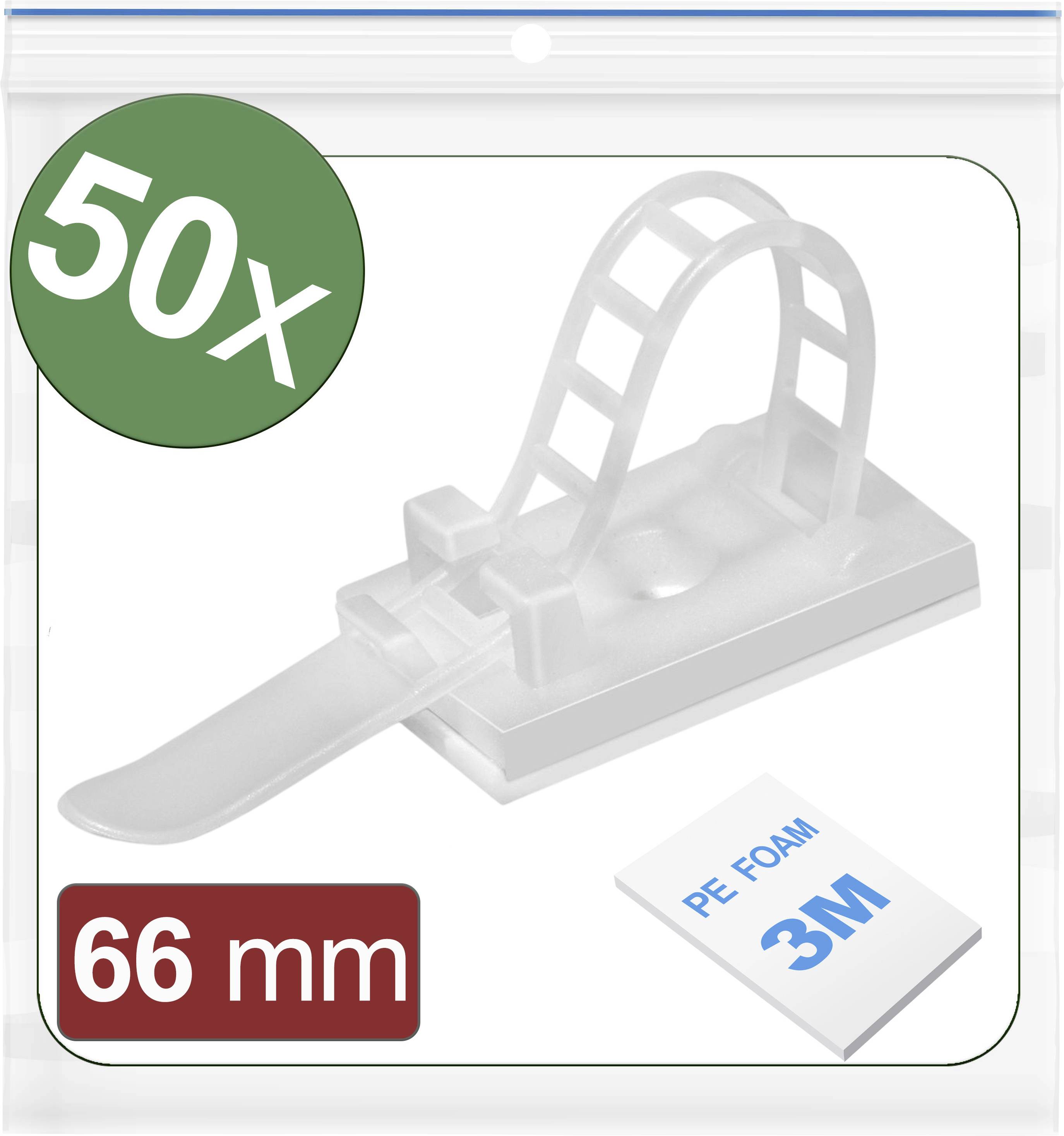 50 clips de fixation de câbles en plastique, longs de 66 mm, avec tampon adhésif. Adaptés pour la fixation des câbles. Contient de la mousse adhésive PE 3M.