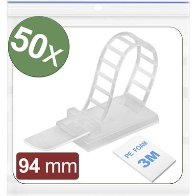 50 supports de câbles blancs de 94 mm de long, avec un support en mousse en premier plan portant l'inscription 'PE FOAM 3M'.