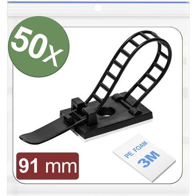 50 attaches de câble noires avec sangle ajustable, longueur de 91 mm, adaptées pour un acheminement ordonné des câbles sur un support en mousse PE.