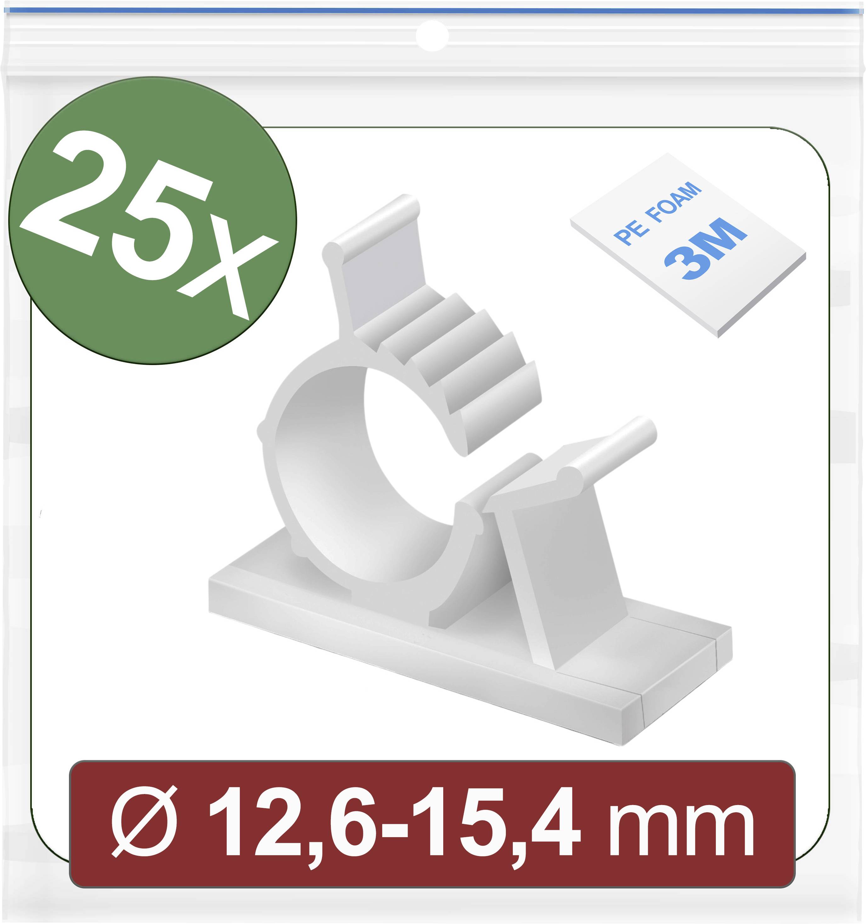 25 supports de câble avec surface adhésive, adaptés pour des diamètres de câble de 12,6 à 15,4 mm. Comprend des coussinets en mousse PE 3M. Image de l'emballage.
