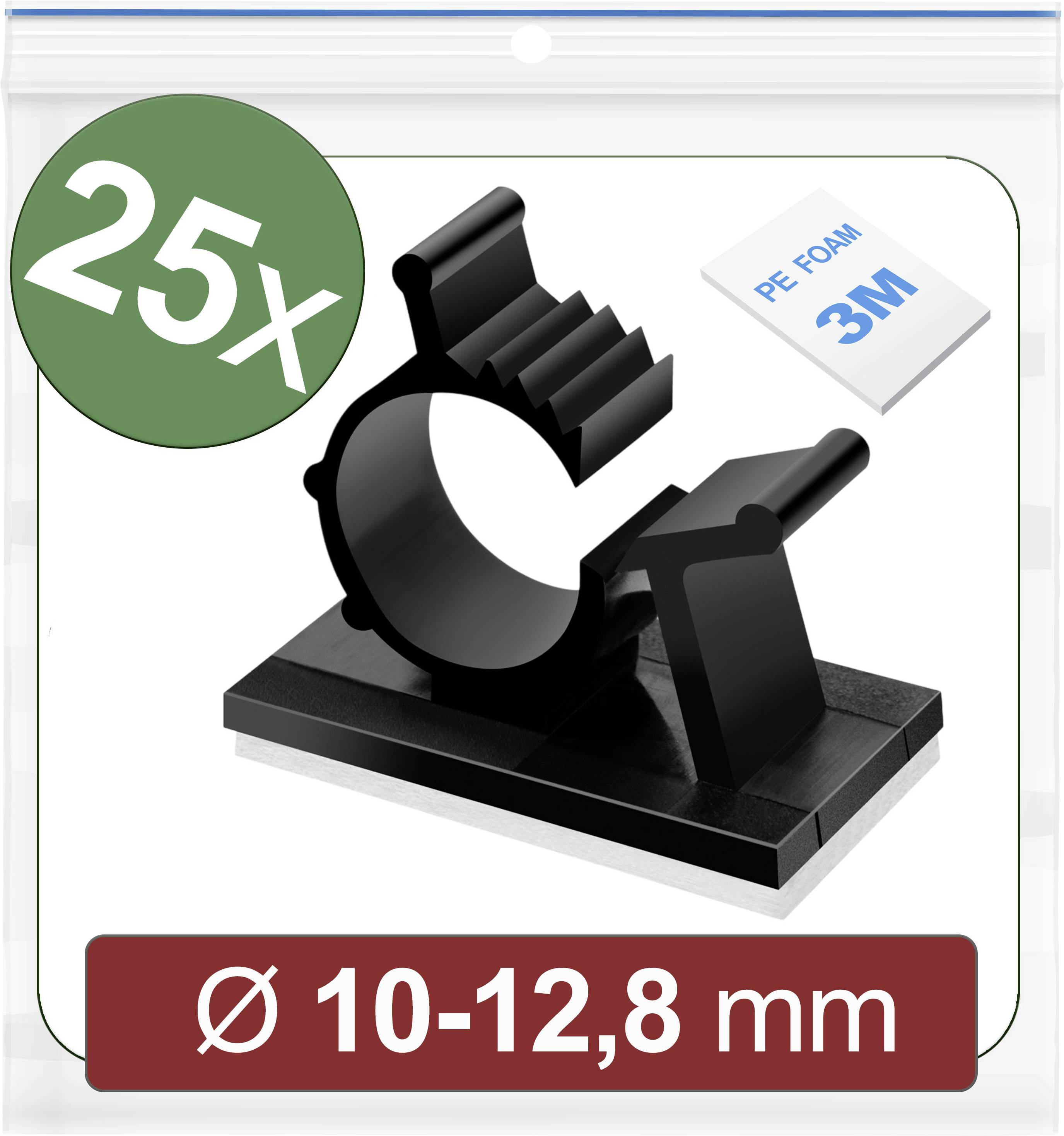 25 colliers de câble noirs, adaptés pour des diamètres de câble de 10 à 12,8 mm. Autocollants avec mousse PE 3M. Emballage en sachet.