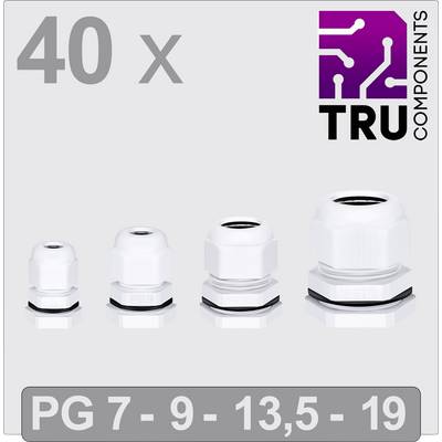 '40 x TRU COMPONENTS PG 7 - 9 - 13,5 - 19' Presse-étoupes de différentes tailles sur un fond gris, logo en haut à droite.