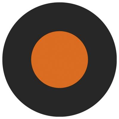 Un grand cercle noir avec un cercle orange plus petit au centre, ressemblant à un motif de cible ou de point de mire.