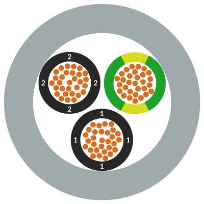 Coupe transversale d'un câble électrique tripolaire : deux âmes noires, une âme vert-jaune, chacune avec un conducteur intérieur orange.