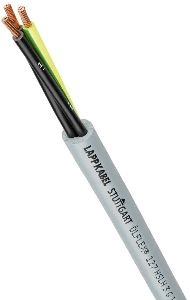 Câble électrique à trois conducteurs avec gaine grise ; logo LAPPKABEL et marquage 'ÖLFLEX' imprimés. Présente un conducteur en cuivre et un fil vert-jaune pour la mise à la terre.