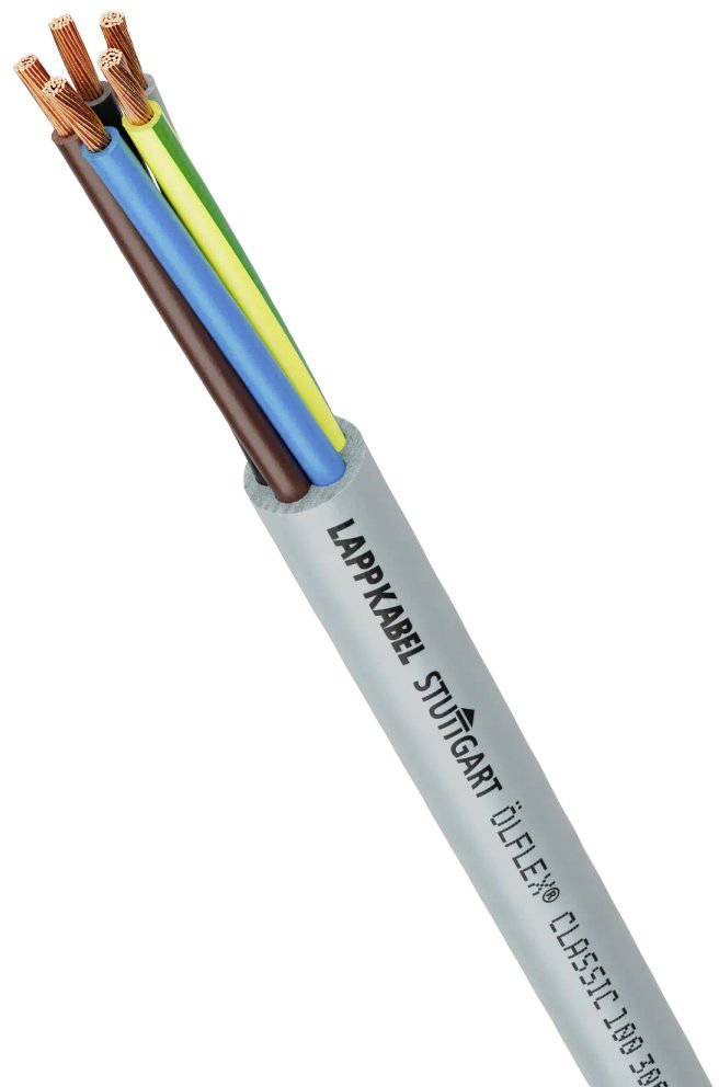 Un câble électrique avec plusieurs conducteurs colorés (marron, bleu, jaune-vert) portant l'inscription 'LAPP KABEL STUTTGART ÖLFLEX'.