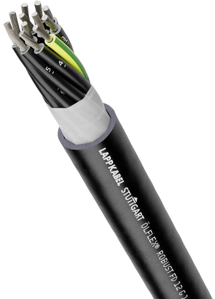 Câble noir robuste avec plusieurs fils de couleurs visibles à une extrémité. Inscription : 'Lappkabel Stuttgart Ölflex Robust FD 12G1'.