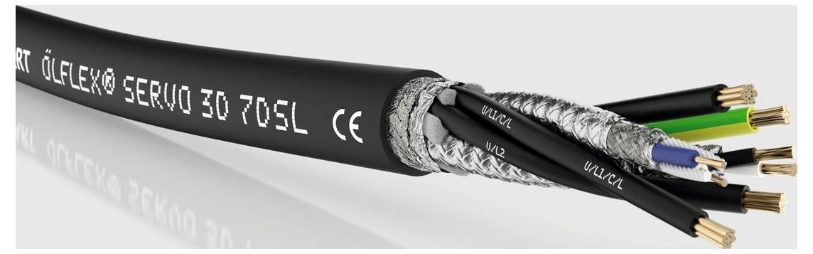Un câble noir ouvert révèle plusieurs fils colorés et un tressage métallique. Texte sur le câble : 'Ölflex® Servo 3D 7DSL CE'.