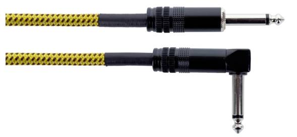 Un câble jack coudé et droit avec un motif jaune et noir.