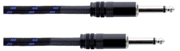 Deux câbles audio noirs avec des repères bleus, munis de fiches jack 6,35 mm à chaque extrémité, destinés aux instruments de musique ou aux amplificateurs.