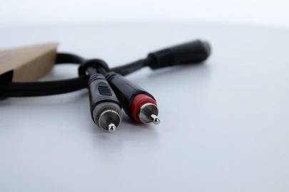 Deux fiches RCA, l'une rouge et l'autre noire, sont posées côte à côte sur une surface lisse.
