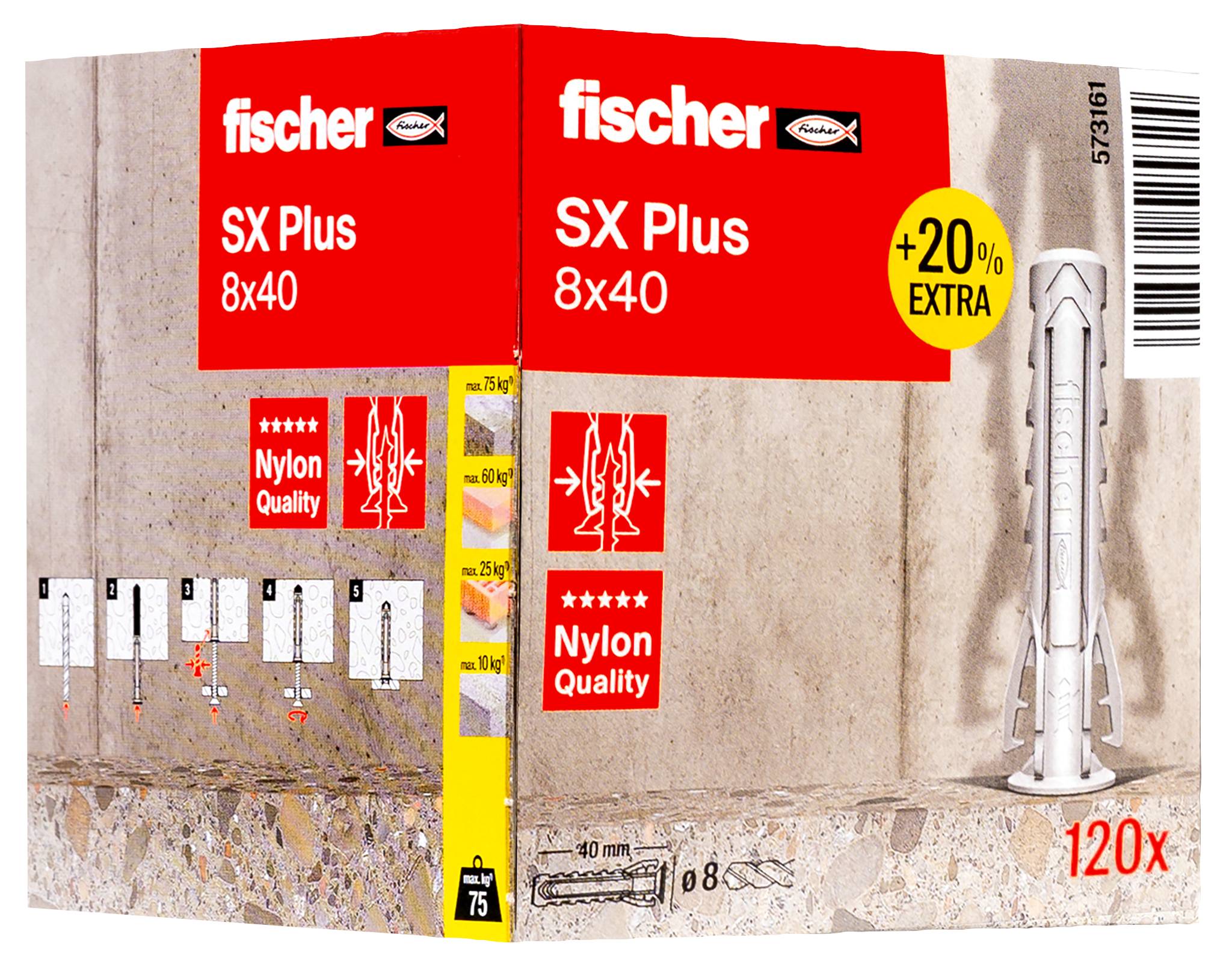 Emballage de produit pour chevilles murales Fischer SX Plus 8x40, affichant un emballage supplémentaire de +20% avec 120 chevilles, des illustrations d'installation et des étiquettes de qualité en nylon.