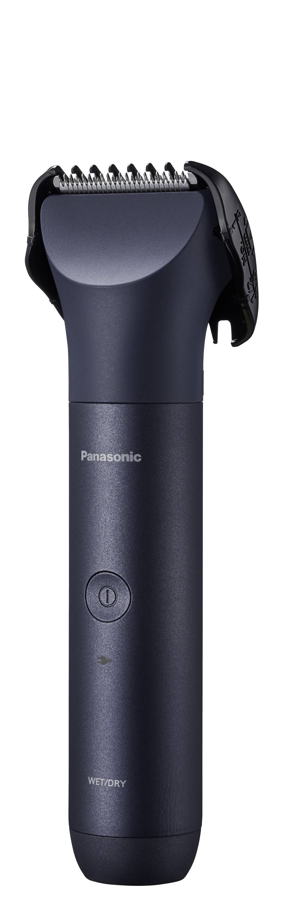 Tondeuse électrique Panasonic à boîtier noir et lame argentée, adaptée pour une taille et un stylisme précis.