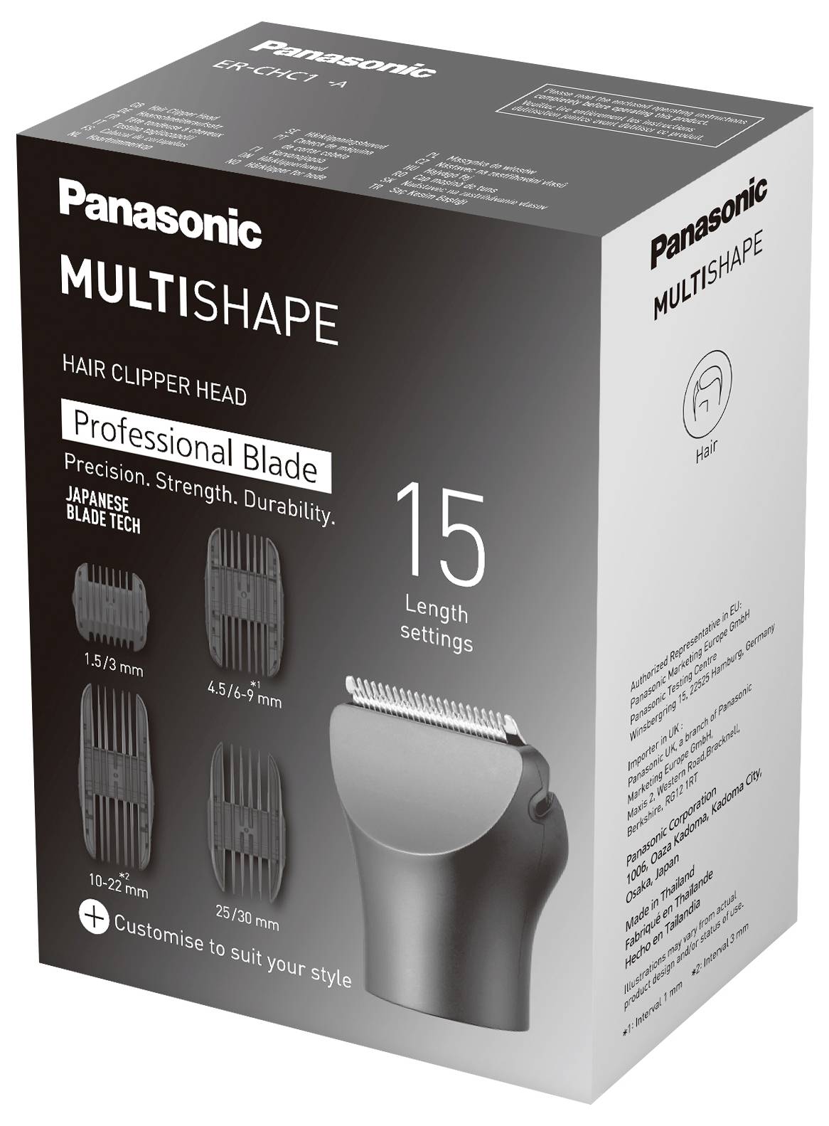 Emballage d'un tondeuse Panasonic MULTISHAPE avec lame représentée. 15 réglages de longueur, trois embouts de 1 à 25 mm.